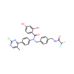 Cc1cnc(Cl)nc1-c1ccc(N(Cc2ccc(CNC(=O)C(F)F)cc2)C(=O)c2ccc(O)cc2O)cc1 ZINC000219223014