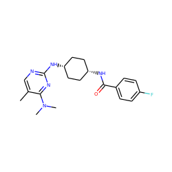 Cc1cnc(N[C@H]2CC[C@@H](NC(=O)c3ccc(F)cc3)CC2)nc1N(C)C ZINC000253650445