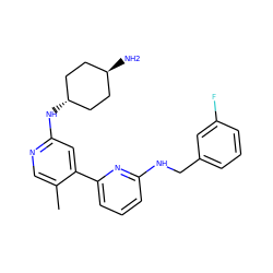 Cc1cnc(N[C@H]2CC[C@H](N)CC2)cc1-c1cccc(NCc2cccc(F)c2)n1 ZINC000261158033