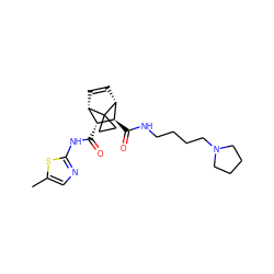 Cc1cnc(NC(=O)[C@@H]2[C@@H]3C=C[C@H]([C@H]2C(=O)NCCCCN2CCCC2)C32CC2)s1 ZINC000168473114