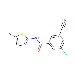 Cc1cnc(NC(=O)c2cc(F)cc(C#N)c2)s1 ZINC000058512731