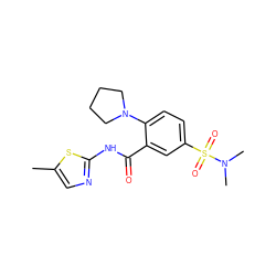 Cc1cnc(NC(=O)c2cc(S(=O)(=O)N(C)C)ccc2N2CCCC2)s1 ZINC000003400706