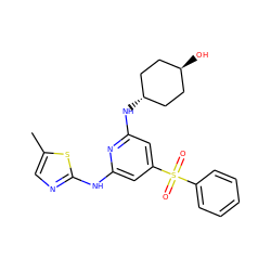 Cc1cnc(Nc2cc(S(=O)(=O)c3ccccc3)cc(N[C@H]3CC[C@H](O)CC3)n2)s1 ZINC000299837901