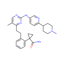 Cc1cnc(Nc2ccc(C3CCN(C)CC3)nc2)nc1CCc1ccccc1C1(C(N)=O)CC1 ZINC000211028882