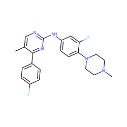 Cc1cnc(Nc2ccc(N3CCN(C)CC3)c(F)c2)nc1-c1ccc(F)cc1 ZINC000084619327