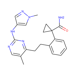 Cc1cnc(Nc2cnn(C)c2)nc1CCc1ccccc1C1(C(N)=O)CC1 ZINC000211028790