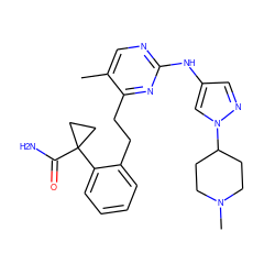 Cc1cnc(Nc2cnn(C3CCN(C)CC3)c2)nc1CCc1ccccc1C1(C(N)=O)CC1 ZINC000211028833