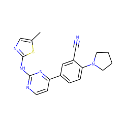 Cc1cnc(Nc2nccc(-c3ccc(N4CCCC4)c(C#N)c3)n2)s1 ZINC000143584817