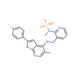 Cc1cnc2[nH]c(-c3ccc(F)cc3)cc2c1NCc1cccnc1N(C)S(C)(=O)=O ZINC000095595312