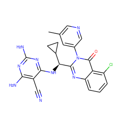 Cc1cncc(-n2c([C@@H](Nc3nc(N)nc(N)c3C#N)C3CC3)nc3cccc(Cl)c3c2=O)c1 ZINC000220883531