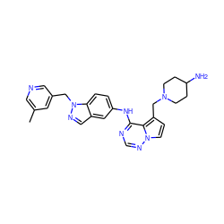 Cc1cncc(Cn2ncc3cc(Nc4ncnn5ccc(CN6CCC(N)CC6)c45)ccc32)c1 ZINC000028903161