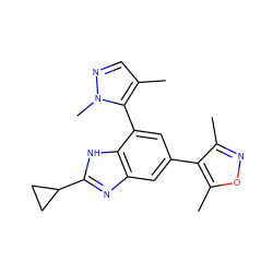 Cc1cnn(C)c1-c1cc(-c2c(C)noc2C)cc2nc(C3CC3)[nH]c12 ZINC001772616308