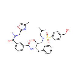 Cc1coc(CN(C)C(=O)c2cccc(C(=O)N[C@@H](Cc3ccccc3)[C@H](O)CN(CC(C)C)S(=O)(=O)c3ccc(CO)cc3)c2)n1 ZINC000198035775