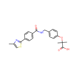 Cc1csc(-c2ccc(C(=O)NCc3ccc(OC(C)(C)C(=O)O)cc3)cc2)n1 ZINC000028978887