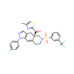 Cc1csc(C(=O)[C@]23Cc4cnn(-c5ccc(F)cc5)c4C=C2CCN(S(=O)(=O)c2cccc(C(F)(F)F)c2)C3)n1 ZINC000221717108