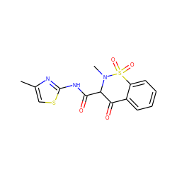 Cc1csc(NC(=O)C2C(=O)c3ccccc3S(=O)(=O)N2C)n1 ZINC000028096582