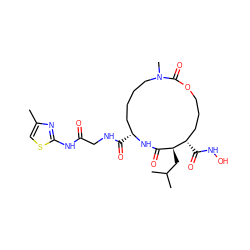 Cc1csc(NC(=O)CNC(=O)[C@@H]2CCCCN(C)C(=O)OCCC[C@H](C(=O)NO)[C@@H](CC(C)C)C(=O)N2)n1 ZINC000026579509