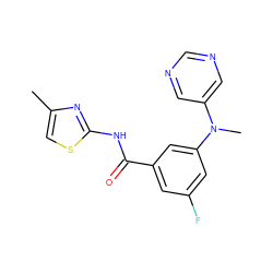 Cc1csc(NC(=O)c2cc(F)cc(N(C)c3cncnc3)c2)n1 ZINC000117692895