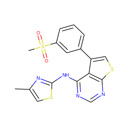 Cc1csc(Nc2ncnc3scc(-c4cccc(S(C)(=O)=O)c4)c23)n1 ZINC000114805036