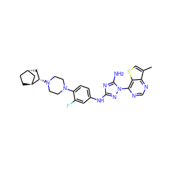 Cc1csc2c(-n3nc(Nc4ccc(N5CCN([C@H]6C[C@H]7CC[C@H]6C7)CC5)c(F)c4)nc3N)ncnc12 ZINC001772592289