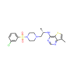 Cc1csc2c(N[C@@H](C)CN3CCN(S(=O)(=O)c4cccc(Cl)c4)CC3)ncnc12 ZINC000029126847