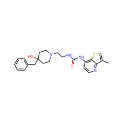 Cc1csc2c(NC(=O)NCCN3CCC(O)(Cc4ccccc4)CC3)ccnc12 ZINC000220129634