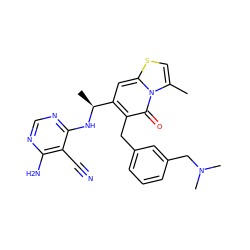 Cc1csc2cc([C@H](C)Nc3ncnc(N)c3C#N)c(Cc3cccc(CN(C)C)c3)c(=O)n12 ZINC001772603981