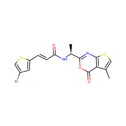 Cc1csc2nc([C@H](C)NC(=O)/C=C/c3cc(Br)cs3)oc(=O)c12 ZINC000027518697