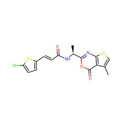 Cc1csc2nc([C@H](C)NC(=O)/C=C/c3ccc(Cl)s3)oc(=O)c12 ZINC000003584889