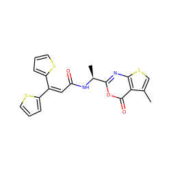 Cc1csc2nc([C@H](C)NC(=O)C=C(c3cccs3)c3cccs3)oc(=O)c12 ZINC000027519407