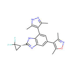 Cc1n[nH]c(C)c1-c1cc(-c2c(C)noc2C)cc2nc([C@@H]3CC3(F)F)[nH]c12 ZINC001772615263