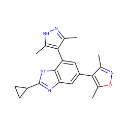 Cc1n[nH]c(C)c1-c1cc(-c2c(C)noc2C)cc2nc(C3CC3)[nH]c12 ZINC001772599628