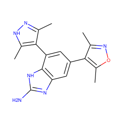 Cc1n[nH]c(C)c1-c1cc(-c2c(C)noc2C)cc2nc(N)[nH]c12 ZINC001772576148