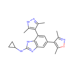 Cc1n[nH]c(C)c1-c1cc(-c2c(C)noc2C)cc2nc(NC3CC3)[nH]c12 ZINC001772628838