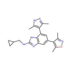 Cc1n[nH]c(C)c1-c1cc(-c2c(C)noc2C)cc2nc(NCC3CC3)[nH]c12 ZINC001772611532