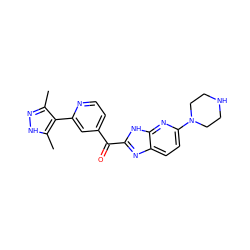 Cc1n[nH]c(C)c1-c1cc(C(=O)c2nc3ccc(N4CCNCC4)nc3[nH]2)ccn1 ZINC000113148453