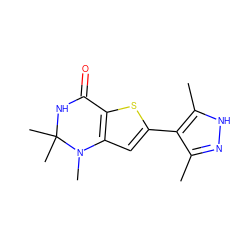 Cc1n[nH]c(C)c1-c1cc2c(s1)C(=O)NC(C)(C)N2C ZINC000114222976