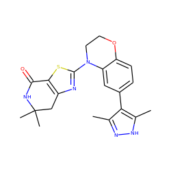 Cc1n[nH]c(C)c1-c1ccc2c(c1)N(c1nc3c(s1)C(=O)NC(C)(C)C3)CCO2 ZINC000040972854