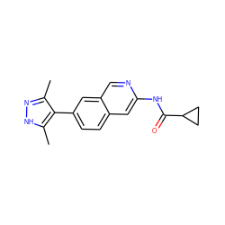 Cc1n[nH]c(C)c1-c1ccc2cc(NC(=O)C3CC3)ncc2c1 ZINC000144337040