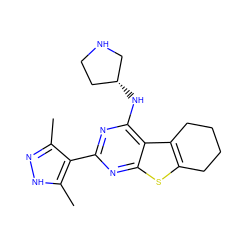 Cc1n[nH]c(C)c1-c1nc(N[C@@H]2CCNC2)c2c3c(sc2n1)CCCC3 ZINC000223687035