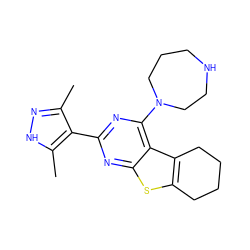 Cc1n[nH]c(C)c1-c1nc(N2CCCNCC2)c2c3c(sc2n1)CCCC3 ZINC000223692851