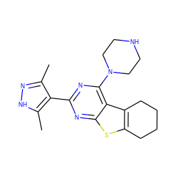 Cc1n[nH]c(C)c1-c1nc(N2CCNCC2)c2c3c(sc2n1)CCCC3 ZINC000223691328