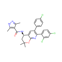 Cc1n[nH]c(C)c1C(=O)N[C@@H]1CC(C)(C)Oc2nc(-c3ccc(Cl)cc3Cl)c(-c3ccc(Cl)cc3)cc21 ZINC000049793435