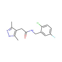 Cc1n[nH]c(C)c1CC(=O)NCc1cc(F)ccc1Cl ZINC000084690921