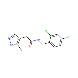 Cc1n[nH]c(C)c1CC(=O)NCc1ccc(F)cc1Cl ZINC000049073179