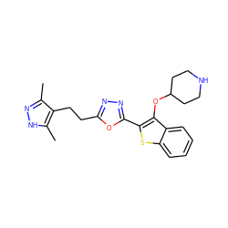 Cc1n[nH]c(C)c1CCc1nnc(-c2sc3ccccc3c2OC2CCNCC2)o1 ZINC000169307424