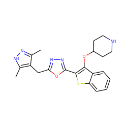 Cc1n[nH]c(C)c1Cc1nnc(-c2sc3ccccc3c2OC2CCNCC2)o1 ZINC000098208399