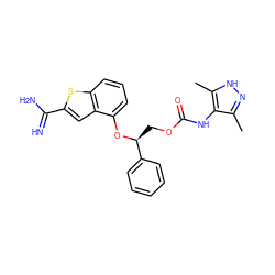 Cc1n[nH]c(C)c1NC(=O)OC[C@H](Oc1cccc2sc(C(=N)N)cc12)c1ccccc1 ZINC000045374817