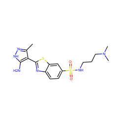 Cc1n[nH]c(N)c1-c1nc2ccc(S(=O)(=O)NCCCN(C)C)cc2s1 ZINC000114400084