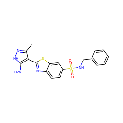 Cc1n[nH]c(N)c1-c1nc2ccc(S(=O)(=O)NCc3ccccc3)cc2s1 ZINC000114397833